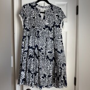 Navy and White Leaf Print Dress